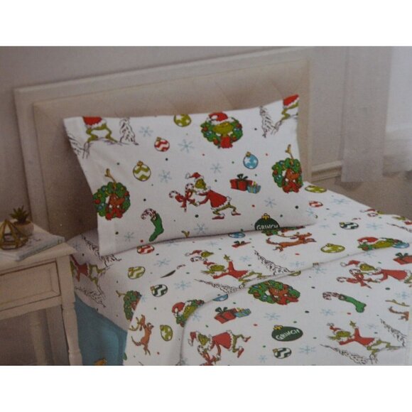 Dr Seuss - The Grinch Twin Sheet Set Flannel Holiday Grinch Max - NEW - Picture 2 of 2